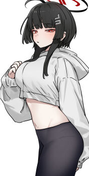 1girl black_hair blue_archive blush commentary guwall hair_ornament hairclip halo highres hood hoodie long_hair looking_at_viewer midriff mole mole_on_stomach navel red_eyes ringed_eyes rio_(blue_archive) simple_background solo white_background