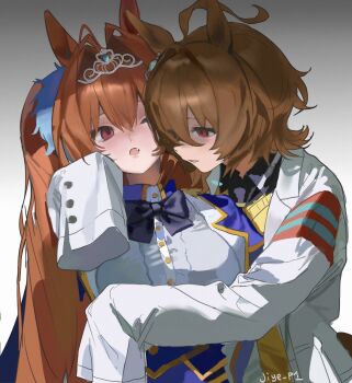 2girls agnes_tachyon_(tach-nology)_(umamusume) agnes_tachyon_(umamusume) ahoge animal_ears blue_bow blue_bowtie bow bowtie breasts brown_hair commentary daiwa_scarlet_(peak_blue)_(umamusume) daiwa_scarlet_(umamusume) fang gradient_background grey_background highres horse_ears horse_girl hug jiye_p1 lab_coat long_hair multiple_girls one_eye_closed open_mouth red_eyes short_hair sleeves_past_fingers sleeves_past_wrists tiara twintails umamusume yuri