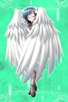 Rule 34 | 1girl, angel wings, closed eyes, feathered wings, game cg, glasses, green background, green hair, henshin, highres, higuchi isami, large variant set, magic circle, mahou shoujo sae, maid headdress, nishijima shouko, non-web source, official art, pantyhose, rimless eyewear, solo, variant set, white wings, wings