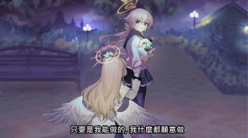 2girls angel_wings blue_archive brown_eyes hifumi_(blue_archive) multiple_girls nagisa_(blue_archive) night night_sky peroro_(blue_archive) sky troble7410 twitter wings