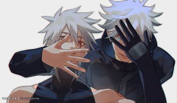 2boys artist_name black_gloves black_jacket blue_eyes cioccolatodorima commentary crossover elbow_gloves english_commentary frown gloves gojou_satoru grey_eyes hatake_kakashi heterochromia jacket jujutsu_kaisen jujutsu_tech_uniform male_focus mangekyou_sharingan multiple_boys naruto_(series) naruto_shippuuden red_eyes scar scar_across_eye scar_on_face sharingan shoulder_tattoo sleeveless sleeveless_turtleneck smile tattoo turtleneck white_hair