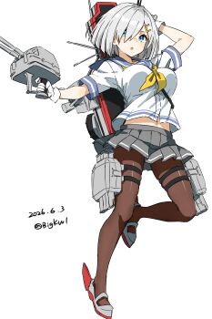 1girl :o absurdres arm_up bigkwl blue_eyes blue_sailor_collar blunt_ends blush breasts brown_pantyhose commentary dated dated_commentary double-parted_bangs full_body gloves grey_hair grey_shoes grey_skirt hair_between_eyes hamakaze_(kancolle) highres kantai_collection looking_at_viewer medium_breasts midriff_peek miniskirt multiple_thigh_straps navel neckerchief open_mouth pantyhose pleated_skirt rigging sailor_collar school_uniform serafuku shirt shoes short_hair short_sleeves simple_background skirt solo standing standing_on_one_leg thigh_strap twitter_username white_background white_gloves white_shirt yellow_neckerchief