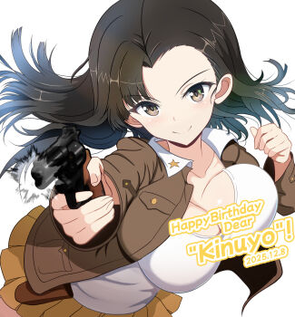 1girl absurdres black_hair blush bouncing_breasts breasts brown_eyes character_name chi-hatan_military_uniform cleavage closed_mouth collarbone commentary_request dated girls_und_panzer gratin_(kumaisao) gun happy_birthday highres holding holding_gun holding_weapon large_breasts long_hair looking_at_viewer military_uniform nishi_kinuyo simple_background smile solo tank_top weapon white_background white_tank_top