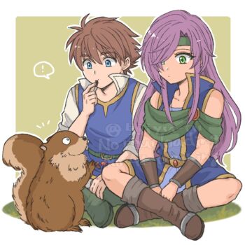 Rule 34 | !, 1boy, 1girl, 5jiyu ni, bartz klauser, blue eyes, blue tunic, boots, border, brown boots, brown hair, cloak, collared shirt, commentary request, eating, faris scherwiz, final fantasy, final fantasy v, full body, green cloak, green eyes, green headband, hair between eyes, hair over one eye, headband, indian style, long hair, purple hair, shirt, short hair, sitting, spoken exclamation mark, squirrel, swept bangs, tunic, white border, white shirt, yellow background