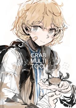 Rule 34 | 1girl, backpack, bag, bandaged hand, bandages, bandaid, bandaid on cheek, bandaid on face, blush, brown hair, closed mouth, crab, custom (cus-tom), english text, grey eyes, hair between eyes, holding, kantai collection, looking at viewer, oboro (kancolle), pliers, short hair, simple background, solo, upper body, white background