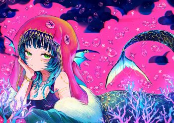 1girl absurdres air_bubble black_tank_top blue_hair blue_jacket body_markings bracelet bubble closed_mouth cross-shaped_pupils fins fur-trimmed_jacket fur_trim green_eyes hat head_fins head_rest highres jacket jewelry looking_at_viewer lying medium_hair mermaid monster_girl okubatomaeba on_stomach original pink_background pink_hat solo symbol-shaped_pupils tank_top wispy_bangs