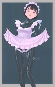 1girl apron apron_lift bdsm black_bodysuit black_hair bob_cut bodysuit breasts clothes_lift collar dildo female_focus harness highres knees_together_feet_apart latex latex_bodysuit maid maid_apron muted_color nonkazumi o-ring o-ring_collar o-ring_harness original sex_toy slave slim_legs small_breasts solo strap-on white_apron