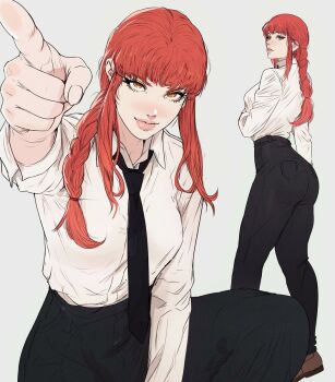 1girl ass black_pants braid braided_ponytail chainsaw_man closed_mouth commentary english_commentary high-waist_pants highres long_hair long_sleeves looking_at_viewer makima_(chainsaw_man) multiple_views pants pointing red_hair ringed_eyes shirt shirt_tucked_in thick_lips white_shirt yellow_eyes yoracrab