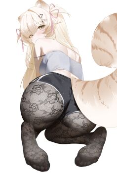 Rule 34 | 1girl, absurdres, animal ears, ass, ass focus, bare shoulders, black pantyhose, blonde hair, blush, breasts, camisole, cat ears, cat girl, cat tail, center-flap bangs, closed mouth, crop top, cweamcat, dolphin shorts, emirisu, feet, from behind, hair ornament, hair over shoulder, hairclip, highres, indie virtual youtuber, kneeling, lace, lace pantyhose, leaning forward, long hair, looking at viewer, looking back, median furrow, medium breasts, no shoes, pantyhose, pantyhose under shorts, parted bangs, pink ribbon, ribbon, shirt, shorts, sidelocks, simple background, solo, strap slip, tail, thighs, toes, tsurime, very long hair, virtual youtuber, white background, white shirt, yellow eyes