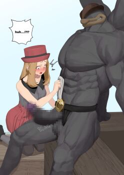 1boy 1girl abs absurdres black_shirt black_thighhighs blonde_hair blue_eyes blush breasts censored colored_skin commentary english_commentary english_text extra_arms faceless faceless_male gen_1_pokemon grey_skin hat height_difference hetero high-waist_skirt highres large_penis long_hair looking_at_penis machamp medium_breasts mosaic_censoring muscular muscular_male nintendo penis penis_awe pleated_skirt pokemon pokemon_(creature) pokemon_xy pokephilia porkpie_hat red_hat red_skirt serena_(pokemon) shirt skirt sleeveless sleeveless_shirt speech_bubble testicles thighhighs wjs07