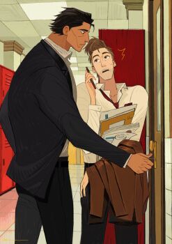 2boys absurdres alternate_universe black_hair black_pants black_suit brown_eyes brown_hair brown_jacket ceiling cellphone chinese_commentary collarbone collared_shirt commentary_request dark-skinned_male dark_skin dingnin98201637 door doorknob formal_clothes highres holding holding_paper holding_phone holding_unworn_clothes holding_unworn_jacket indoors jacket layered_sleeves locker long_sleeves looking_at_another looking_to_the_side male_focus marvel miguel_o&#039;hara multiple_boys necktie open_collar open_mouth pants paper peter_b_parker phone pillar red_necktie shirt short_sideburns spider-man:_across_the_spider-verse spider-man_(series) spider-verse standing suit suit_jacket teeth tile_ceiling tiles upper_teeth_only wing_collar