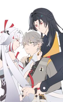 1girl 2boys ahoge armlet bare_shoulders behind_another black_hair black_jacket blush bracelet china_dress chinese_clothes clover clover_hair_ornament commentary dress eye_contact facial_mark forehead_mark green_eyes grey_hair grey_jacket hair_between_eyes hair_intakes hair_ornament hand_on_another&#039;s_shoulder highres holding_another&#039;s_arm jacket jewelry kzsx_hiroki long_hair looking_at_another metal_bracelet multiple_boys official_alternate_costume red_eyes short_hair silver_armlet silver_bracelet simple_background symbol-only_commentary twitter_username white_background white_hair wise_(soaring_crane)_(zenless_zone_zero) wise_(zenless_zone_zero) ye_shiyuan ye_shunguang zenless_zone_zero