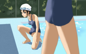 1futa 1girl black_hair bulge character_request copyright_request feet futanari goggles halui_2 hat highres kneeling penis poolside swimsuit testicle_peek testicles towel walking