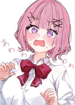 1girl absurdres amaori_renako ashigaya_high_school_uniform blush bow bowtie breasts collared_shirt commentary dress_shirt flustered hair_ornament hairclip highres jin_(oihlf) large_breasts long_sleeves open_mouth parallel_hairclips peanut_mouth pink_hair purple_eyes red_bow red_bowtie school_uniform shirt short_hair simple_background solo translation_request upper_body watashi_ga_koibito_ni_nareru_wake_naijan_murimuri! white_background white_shirt x_hair_ornament