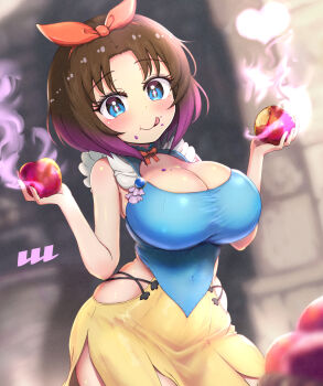 1girl :q apple blue_eyes blue_shirt blush bow breasts brown_hair choker cleavage clothing_cutout cosplay covered_navel elma_(maidragon) food food_on_face fruit gradient_hair hairband heart highres hip_vent holding holding_food kobayashi-san_chi_no_maidragon large_breasts leotard licking_lips looking_at_viewer multicolored_hair purple_hair red_bow reiwa_rerere shirt short_hair skirt smile solo tongue tongue_out yellow_skirt