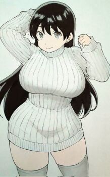 1girl alternate_costume arato_nagi arm_behind_head black_hair breasts closed_mouth commentary_request contrapposto cropped_legs earrings grey_background grey_eyes grey_sweater grey_thighhighs gyupolo9 highres jewelry large_breasts long_hair long_sleeves looking_at_viewer no_pants ribbed_sweater ruri_no_houseki smile solo sweater thick_thighs thighhighs thighs turtleneck turtleneck_sweater