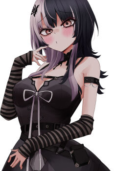 1girl arm_strap black_arm_warmers black_choker black_dress black_hair breasts choker cleavage dress grey_hair hashtag-only_commentary highres hololive hololive_english large_breasts light_blush long_hair looking_at_viewer multicolored_hair natsume_mina ribbon shiori_novella shiori_novella_(1st_costume) solo split-color_hair striped_arm_warmers two-tone_hair virtual_youtuber white_background white_ribbon yellow_eyes