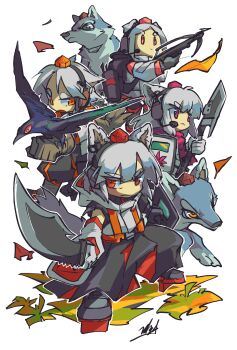 4girls :< absurdres animal_ear_fluff animal_ears bird bird_on_hand black_skirt bow_(weapon) brown_gloves closed_mouth commentary_request crossbow crow doggo_1d34 geta gloves grey_gloves grey_hair hat headset highres holding holding_crossbow holding_shield holding_sword holding_weapon inubashiri_momiji looking_at_viewer multiple_girls red_eyes red_hat shield signature simple_background skirt sword tail tengu-geta tokin_hat touhou weapon white_background wolf wolf_ears wolf_girl wolf_tail wolf_tengu_extra_(touhou)