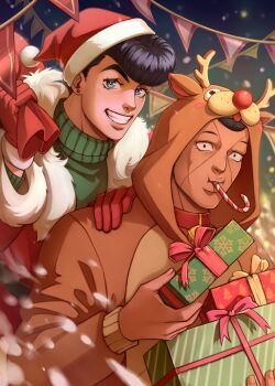 Rule 34 | 2boys, absurdres, animal costume, animal ears, antlers, bell, black hair, blue eyes, candy, candy cane, christmas, coat, collar, commentary, deer ears, diamond wa kudakenai, dress, earrings, english commentary, fingernails, food, fur-trimmed coat, fur-trimmed headwear, fur-trimmed sleeves, fur trim, gift, gift art, gloves, green sweater, hand on another's shoulder, hat, higashikata josuke, highres, holding, holding sack, horns, idinahui pls, jewelry, jingle bell, jojo no kimyou na bouken, lace, long sleeves, looking at viewer, multiple boys, night, nijimura okuyasu, pom pom (clothes), pompadour, red gloves, reindeer antlers, reindeer costume, sack, santa costume, santa dress, santa hat, smile, snow, sweater, turtleneck, turtleneck sweater, upper body