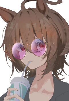 1girl absurdres agnes_tachyon_(umamusume) ahoge animal_ears blue-tinted_eyewear brown_hair commentary cup drinking_straw drinking_straw_in_mouth grey_shirt highres holding holding_cup horse_ears horse_girl looking_at_viewer parted_lips red_eyes sei_(bigaa) shirt short_hair simple_background solo sunglasses tinted_eyewear umamusume white_background