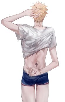 Rule 34 | 1boy, absurdres, back tattoo, blonde hair, blue male underwear, from behind, hand on own head, highres, male focus, male underwear, naruto (series), nobodyelseknow, shirt, short hair, simple background, solo, tattoo, thigh gap, thighs, uchiha symbol, uchiha symbol tattoo, underwear, uzumaki naruto, white background, white shirt