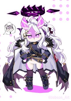 1boy 1girl absurdres ahoge animal_ears armband black_coat blue_archive chibi coat coat_on_shoulders commentary_request demon_girl demon_horns demon_wings doodle_sensei_(blue_archive) genshin_impact highres hina_(blue_archive) horns long_hair looking_at_viewer low_wings purple_eyes red_armband sensei_(blue_archive) sleepyowl_(jobkung15) standing very_long_hair white_hair wings