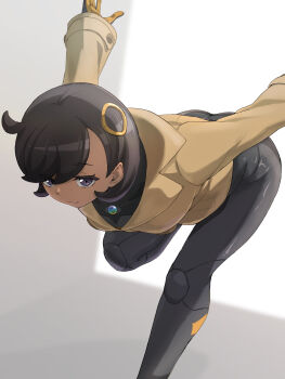 1girl absurdres bent_over black_bodysuit black_hair bodysuit bodysuit_under_clothes brown_jacket closed_mouth collared_jacket commentary_request emma_(pokemon) gloves grey_eyes highres itsudzumi jacket leg_up long_sleeves nintendo pokemon pokemon_legends:_z-a ring_hair_ornament short_hair solo