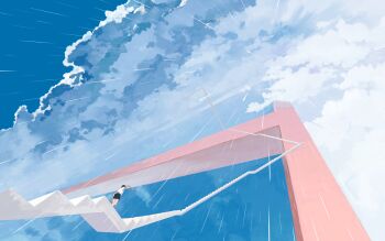 1other absurdres black_shorts cloud cloudy_sky day feitu233 from_below full_body highres mini_person original outdoors outstretched_arms rain scenery shirt shorts sky stairs standing surreal white_shirt