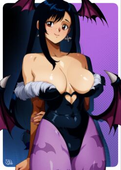 1girl animal_print arm_behind_back bare_shoulders bat_earrings bat_print black_hair black_leotard border breasts brown_sleeves cleavage closed_mouth clothing_cutout collarbone cosplay cowboy_shot demon_wings earrings feather_trim final_fantasy final_fantasy_vii fingernails gravydood hair_tie head_wings heart_cutout highres jewelry large_breasts leotard light_blush light_smile long_fingernails long_hair looking_at_viewer low-tied_long_hair morrigan_aensland morrigan_aensland_(cosplay) nail_polish pantyhose print_pantyhose purple_background purple_nails purple_pantyhose red_eyes single_sidelock solo strapless strapless_leotard tifa_lockhart white_border wings