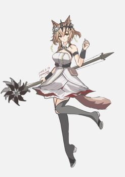 1girl absurdres animal_ears arknights bare_shoulders belt black_tiara boots breasts brown_eyes brown_hair cat_ears cat_girl chest_strap cleavage commentary_request detached_sleeves diamond-shaped_pupils diamond_(shape) dress expressionless flower full_body grey_background hair_between_eyes hair_flower hair_ornament hand_up high_belt highres holding holding_staff large_breasts looking_at_viewer partial_commentary pepazo398 red_pupils rose short_hair signature simple_background solo staff standing standing_on_one_leg strapless strapless_dress symbol-shaped_pupils tail thigh_boots tiara vendela_(arknights) white_dress white_flower white_rose wristband