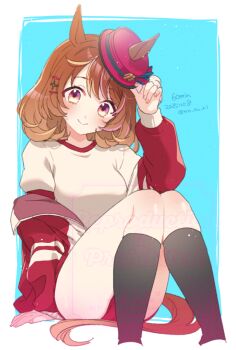 1girl animal_ears blush boater_hat breasts brown_hair buruma closed_mouth ears_through_headwear gym_shirt hair_between_eyes hair_ornament hairclip hat horse_ears horse_girl horse_tail jacket kneehighs koruri looking_at_viewer loose_socks medium_breasts medium_hair north_flight_(umamusume) open_clothes open_jacket purple_eyes red_buruma red_jacket shirt sitting smile socks solo tail tilted_headwear tracen_training_uniform umamusume white_shirt