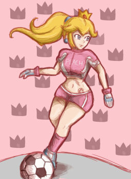 1girl alternate_hairstyle blonde_hair breasts gloves half-closed_eyes highres large_breasts legs long_hair looking_to_the_side mario_(series) mario_strikers_(series) midriff navel nintendo ponytail princess princess_peach shorts smile soccer soccer_uniform solo sportswear stomach_tattoo super_mario_strikers sweat tattoo thighs