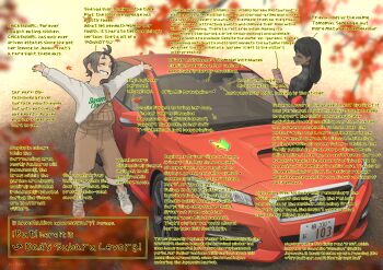 2girls arms_up artist_name autumn_leaves black_hair black_jacket blurry blurry_foreground brown_overalls brown_skirt car checkered_clothes checkered_skirt commentary_request copyright_notice dark-skinned_female dark_skin english_text falling_leaves full_body grin happy highres holding holding_paper jacket jettoburikku leaf license_plate logo long_sleeves maple_leaf motor_vehicle multiple_girls original outdoors overalls pamphlet paper pointing_out_the_details product_placement red_car right-hand_drive shoes shoshinsha_mark skirt smile sneakers standing subaru_(brand) subaru_levorg sweater teeth vehicle_focus white_shoes white_sweater