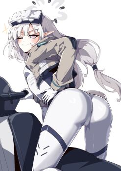 1girl absurdres ass blue_archive bodysuit commentary cropped_jacket from_behind goggles goggles_on_head hair_tubes halo hand_on_own_hip head-mounted_display highres himari_(blue_archive) himari_(bodysuit)_(blue_archive) long_hair looking_at_viewer low-tied_long_hair mole mole_under_eye motor_vehicle motorcycle multicolored_halo on_motorcycle one_eye_closed pointy_ears singwee smile sparkle two-tone_halo white_background white_bodysuit white_halo