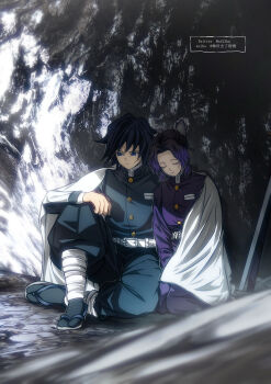 1boy 1girl absurdres belt black_hair black_jacket black_pants black_socks butterfly_hair_ornament buttons closed_eyes closed_mouth demon_slayer_uniform gold_buttons hair_ornament haori high_collar highres jacket japanese_clothes kimetsu_no_yaiba kochou_shinobu long_hair low_ponytail niku_(ni23ku) pants ponytail purple_hair purple_jacket purple_pants sandals sitting sleeping smile socks spiked_hair tomioka_giyuu twitter_username white_belt white_haori