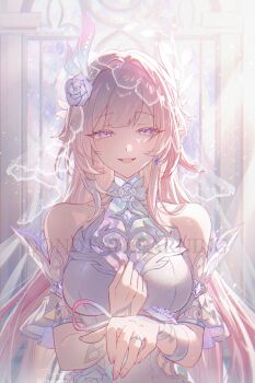 Rule 34 | 1girl, absurdres, bare shoulders, breasts, bridal veil, commentary request, cyrene (demiurge) (honkai: star rail), cyrene (honkai: star rail), dress, flower, hair flower, hair ornament, highres, hitohachan, honkai: star rail, honkai (series), jewelry, large breasts, long hair, looking at viewer, offering hand, pink hair, purple hair, ring, smile, solo, teeth, upper teeth only, veil, very long hair, wedding ring, white dress