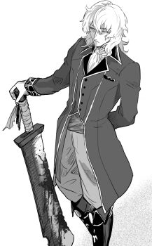 1boy arm_behind_back ascot boots cleaver commentary_request formal_clothes gloves hand_on_weapon holding holding_weapon looking_at_viewer male_focus medium_hair messy_hair metarogu monochrome standing tsukihime tsukihime_(remake) vlov_arkhangel weapon
