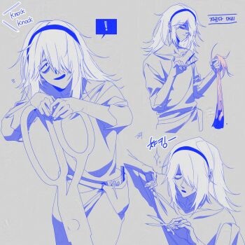 Rule 34 | 1girl, bbabbamis2, blood on scissors, blue theme, commentary request, dual wielding, grey background, grey hair, hair over one eye, hairdresser (homicipher), highres, holding, holding another's hair, holding scissors, homicipher, korean commentary, korean text, long hair, multiple views, oversized object, scissors, translation request