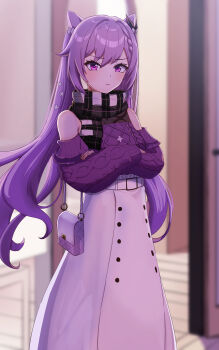 &gt;:( 1girl aki_no_oden aran_sweater bag bare_shoulders beads belt black_ribbon black_scarf blurry blurry_background blush bow braid braided_bangs breasts bright_pupils buttons cable_knit casual choppy_bangs closed_mouth cone_hair_bun crossed_arms diamond-shaped_pupils diamond_(shape) door double_bun flower flower_ornament frilled_skirt frills frown genshin_impact hair_between_eyes hair_bow hair_bun hair_ears hair_flower hair_ornament hair_ribbon highres keqing_(genshin_impact) keqing_(lantern_rite)_(genshin_impact) lace_shirt long_hair long_skirt long_sleeves looking_at_viewer medium_breasts multicolored_scarf off-shoulder_sweater off_shoulder official_alternate_costume outdoors parted_bangs plaid_clothes plaid_scarf purple_eyes purple_hair purple_sweater ribbon scarf shoulder_bag side_braid sidelocks skirt solo standing straight_hair sweater sweater_tucked_in symbol-shaped_pupils tsundere twintails undershirt v-shaped_eyebrows very_long_hair waiting white_bag white_belt white_bow white_scarf white_skirt