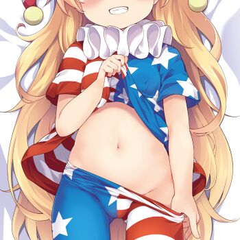 1girl american_flag american_flag_print american_flag_shirt baku-p bed blonde_hair blue_shirt blush breasts closed_mouth clownpiece dakimakura_(medium) fang flag_print hand_up hat jester_cap loli long_hair multicolored_shirt polka_dot print_shirt red_hat red_shirt shirt short_sleeves small_breasts smile solo star_(symbol) star_print striped_clothes striped_shirt teeth touhou upper_body white_shirt
