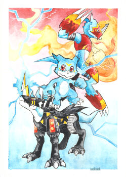 armor digimon digimon_(creature) evolution fladramon horns lighdramon red_eyes tail traditional_media v-mon