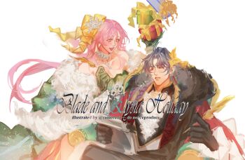 1girl ahoge alternate_costume black_gloves black_hair black_jacket blade_(honkai:_star_rail) box breasts cleavage commentary dress elysia_(honkai_impact) english_commentary english_text fur-trimmed_jacket fur_trim gift gift_box gloves green_dress green_gloves heart heart_necklace highres holding holding_gift honkai:_star_rail honkai_(series) honkai_impact_3rd jacket jewelry large_breasts long_hair necklace open_mouth pink_hair purple_hair rainereol simple_background smile very_long_hair