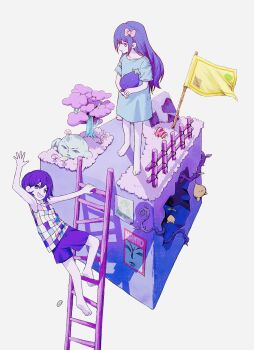 Rule 34 | 1boy, 1girl, absurdres, arm up, aubrey (headspace) (omori), aubrey (omori), barefoot, blue shirt, bow, checkered clothes, climbing ladder, collarbone, colored skin, commentary request, double-parted bangs, fence, flag, grey background, hair between eyes, hair bow, hector (omori), highres, kel (headspace) (omori), kel (omori), ladder, long hair, long shirt, looking at viewer, mushroom, o oquo, omori, open mouth, parted lips, pet rock, pink bow, pluto (omori), purple eyes, purple hair, purple shorts, shirt, short hair, short sleeves, shorts, sidelocks, simple background, sprout mole, standing, t-shirt, tank top, tree, wanted poster, white skin