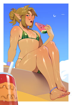 1boy absurdres anklet barefoot beach bikini blue_eyes blue_sky brown_hair combos_&amp;_doodles crossdressing crossdressing_(mtf) day earrings feet food food_print foot_focus foreshortening fruit fruit_print glasses green_bikini highres holding holding_food jewelry link nail_polish nintendo open_mouth outdoors pointy_ears print_bikini red_nails round_eyewear sitting sky soles solo swimsuit the_legend_of_zelda toe_ring toenail_polish toenails toes watermelon watermelon_print watermelon_slice