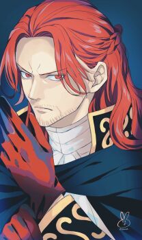 1boy adjusting_clothes adjusting_gloves ascot beard_stubble black_cape cape facial_hair figarland_shamrock frown gloves high_collar highres long_hair looking_at_viewer male_focus mustache_stubble niina_1oo9 one_piece red_eyes red_gloves red_hair stubble white_ascot