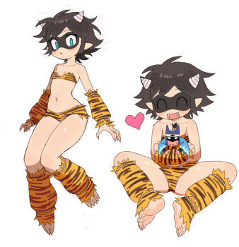 1girl ^_^ animal_print barefoot batman batrobin_k bikini black_hair blue_eyes blush breasts closed_eyes commentary_request dc_comics domino_mask eye_mask fangs feet full_body heart highres horns korean_commentary leg_warmers looking_at_viewer mask multiple_views navel open_mouth original pointy_ears robin_(batrobin_k) short_hair simple_background sitting small_breasts smile strapless swimsuit tiger_print toes white_background