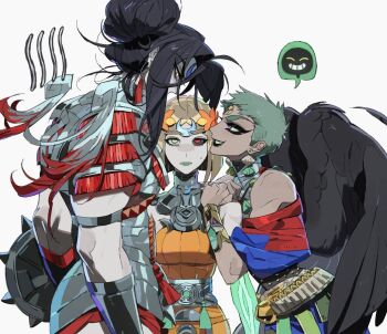 ancient_greek_clothes armor asymmetrical_arms bilidongdong black_sclera blonde_hair bone breasts colored_sclera dress eris_(hades) glowing_arm greco-roman_clothes green_arm green_eyes green_lips hades_(series) hades_2 heterochromia laurel_crown melinoe_(hades) mismatched_sclera nemesis_(hades) orange_dress red_eyes see-through_body short_hair skeletal_arm smile wings