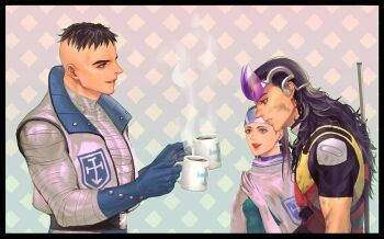 Rule 34 | 1girl, 2boys, aleph (megami tensei), argyle background, armor, bandages, belt, beth (megami tensei), black eyes, black hair, blue collar, blue gloves, blue headband, blue shirt, cape, coffee, coffee mug, collar, commentary request, cross, cross earrings, cross print, cup, dirty, dirty clothes, dirty face, earrings, from side, gloves, goggles, goggles on head, grey eyes, gun, headband, holding, holding cup, holster, jewelry, long hair, mug, multiple boys, o c x, own hands together, partially open jacket, shin megami tensei, shin megami tensei ii, shirt, short hair, shoulder armor, smile, steaming cup, sword, sword on back, undercut, weapon, weapon on back, white cape, white gloves, zayin (megami tensei)