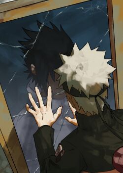 2boys absurdres black_hair black_headband black_jacket blonde_hair crack different_reflection from_above haruiro_(hrm_ino) headband highres jacket looking_at_another male_focus multiple_boys naruto_(series) naruto_shippuuden parted_lips reflection shirt short_hair spiked_hair uchiha_sasuke upper_body uzumaki_naruto white_shirt yaoi