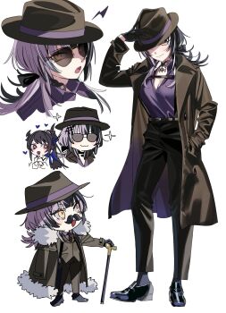 2girls :3 alternate_costume aviator_sunglasses belt black_belt black_choker black_gloves black_hair black_hat black_horns black_pants black_ribbon black_shoes black_socks black_vest blue_hair breasts brown_coat cane chibi chibi_inset choker closed_mouth coat collared_shirt colored_inner_hair commentary cropped_shoulders demon_horns dress_pants dress_shoes fake_facial_hair fake_mustache fedora formal_clothes full_body fur-trimmed_coat fur_trim gloves grey_hair hair_ribbon hand_in_pocket hand_on_headwear hat heart heart-shaped_pupils highres holding holding_cane hololive hololive_english horns large_breasts long_hair long_sleeves looking_at_viewer mole mole_under_eye multicolored_hair multiple_girls multiple_views nerissa_ravencroft one_eye_covered open_clothes open_coat open_mouth pants pendant_choker purple_shirt red_eyes ribbon shiori_novella shirt shoes simple_background smile socks split-color_hair standing sunglasses suspenders symbol-shaped_pupils trench_coat two-tone_hair vest virtual_youtuber white_background yellow_eyes yomosaka